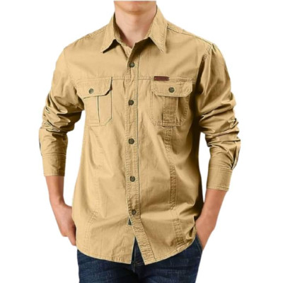 Cargo Shirt Men Long Sleeve Casual Cotton Shirts High Quality Camisa Militar Overshirt Brand