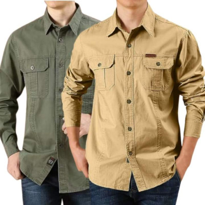 Cargo Shirt Men Long Sleeve Casual Cotton Shirts High Quality Camisa Militar Overshirt Brand