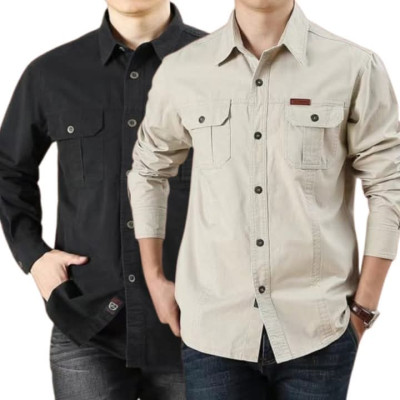 Cargo Shirt Men Long Sleeve Casual Cotton Shirts High Quality Camisa Militar Overshirt Brand