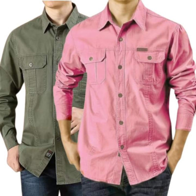 Cargo Shirt Men Long Sleeve Casual Cotton Shirts High Quality Camisa Militar Overshirt Brand