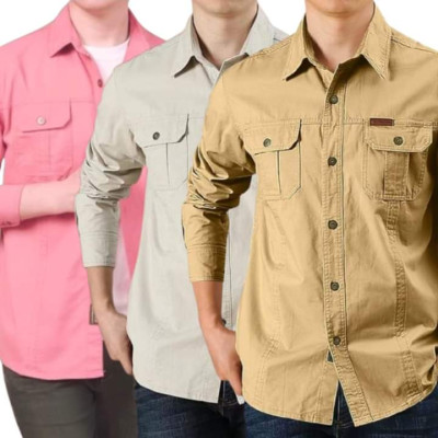Cargo Shirt Men Long Sleeve Casual Cotton Shirts High Quality Camisa Militar Overshirt Brand