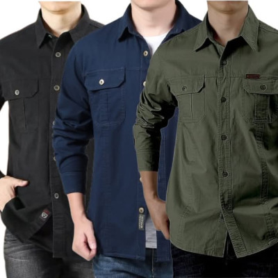 Cargo Shirt Men Long Sleeve Casual Cotton Shirts High Quality Camisa Militar Overshirt Brand