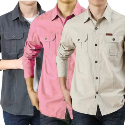 Cargo Shirt Men Long Sleeve Casual Cotton Shirts High Quality Camisa Militar Overshirt Brand