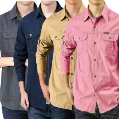 Cargo Shirt Men Long Sleeve Casual Cotton Shirts High Quality Camisa Militar Overshirt Brand